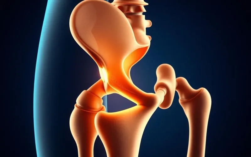 Ilustração anatômica do quadril com artrose, mostrando o desgaste da cartilagem entre cabeça do fêmur e acetábulo.