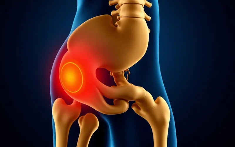 Ilustração da bursite trocantérica, com inflamação destacada na lateral do quadril.