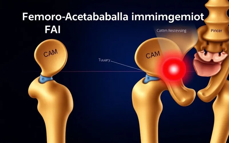Ilustração do impacto femoroacetabular, mostrando os tipos CAM e Pincer.